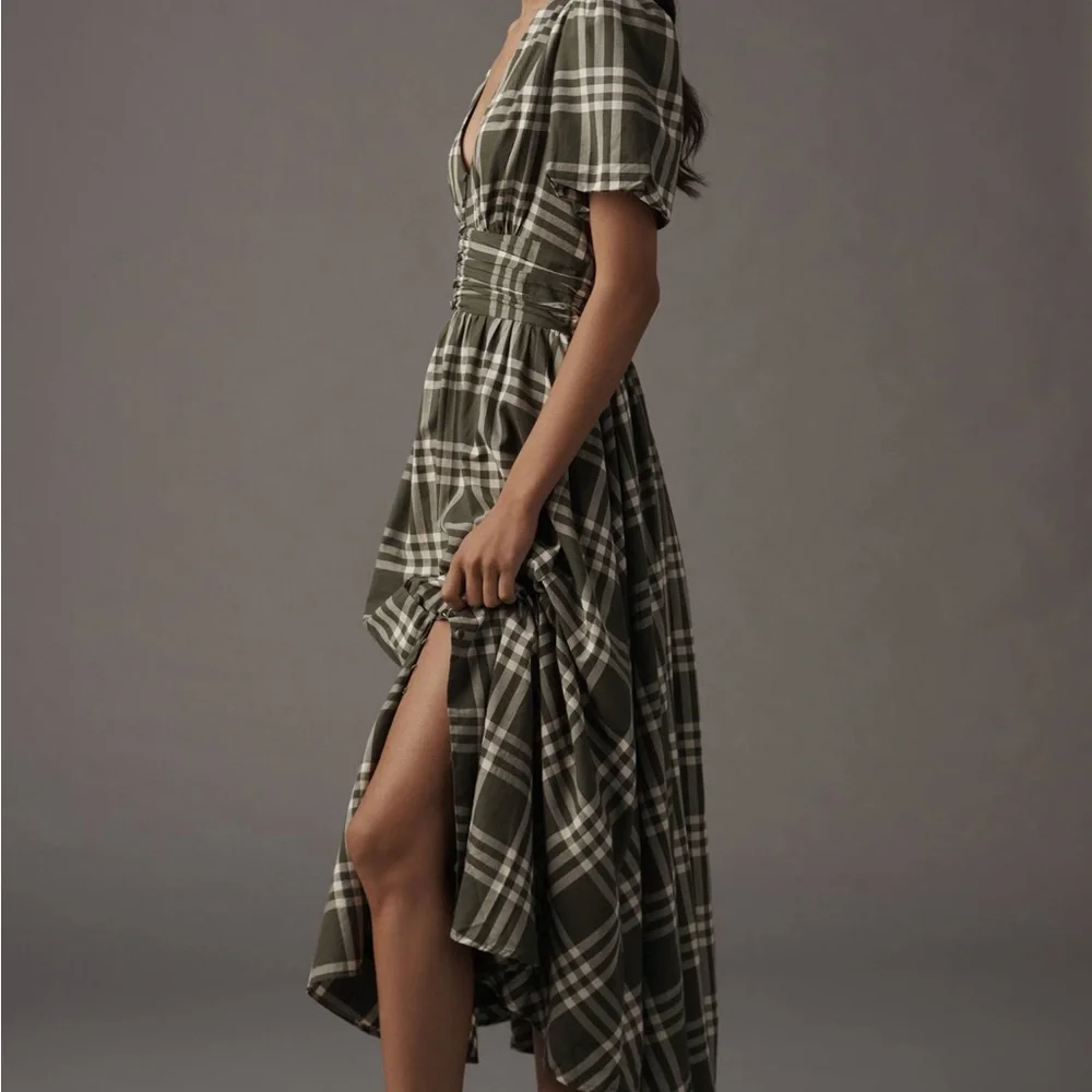 The Katerina Olive Green Plaid Button-Front Dress - Picture 4 of 5